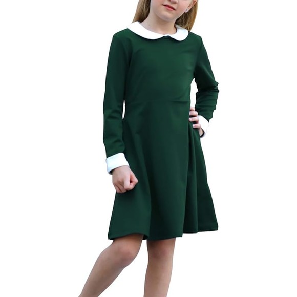 Girl's Long Sleeve Peter Pan Collar Fit & Flare Skater Dress 13-14Y Green - Picture 1 of 5